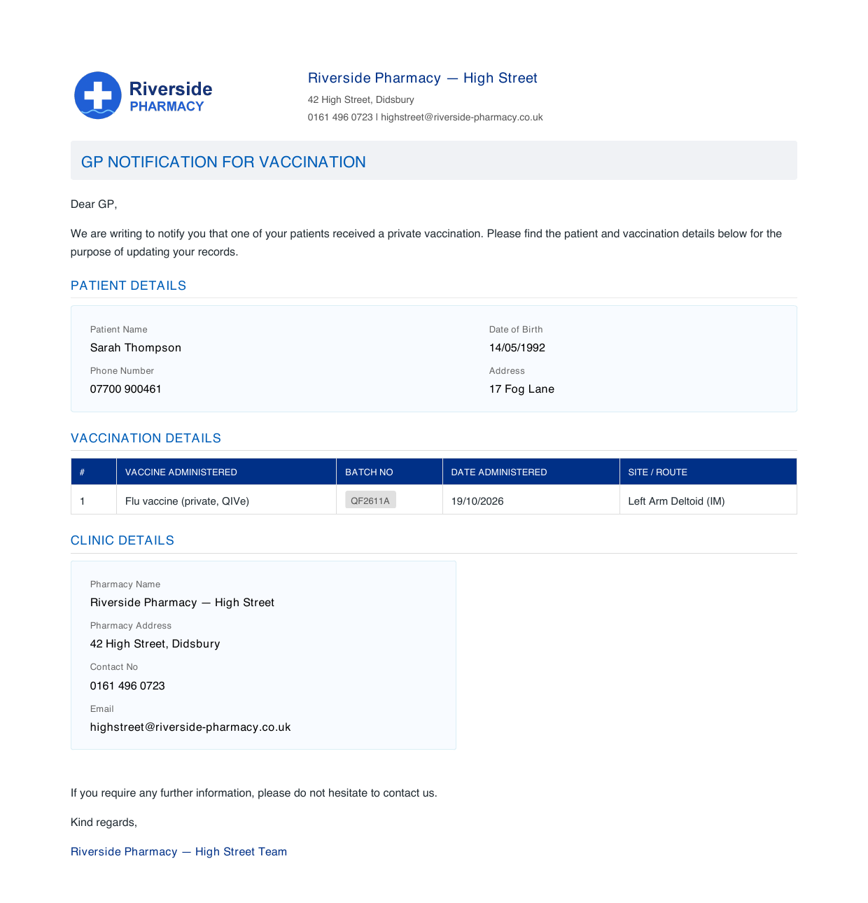 A GP notification letter for a private flu vaccination, made by VaxiBook
